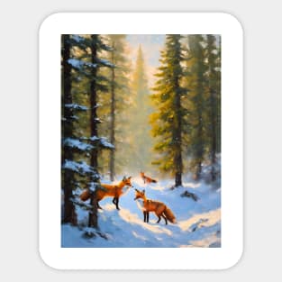 Foxes in the Snow - Oil Painting Winter Scene Sticker